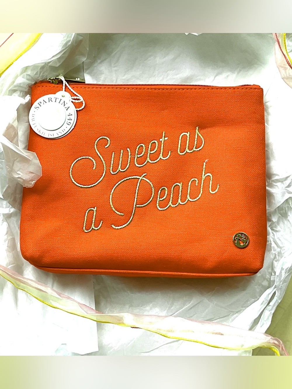 Spartina 449 Orange Canvas Wristlet with "Sweet as a Peach" Script
